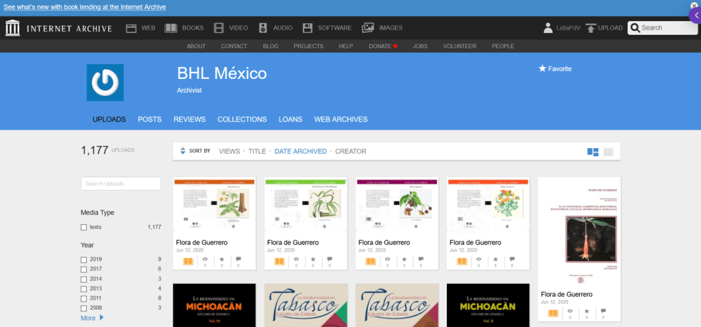Sample screenshot of BHL Mexico's collection on the Internet Archive. The image shows thumbnails of some materials in the collection as well as the collection's menu and number of uploads. 