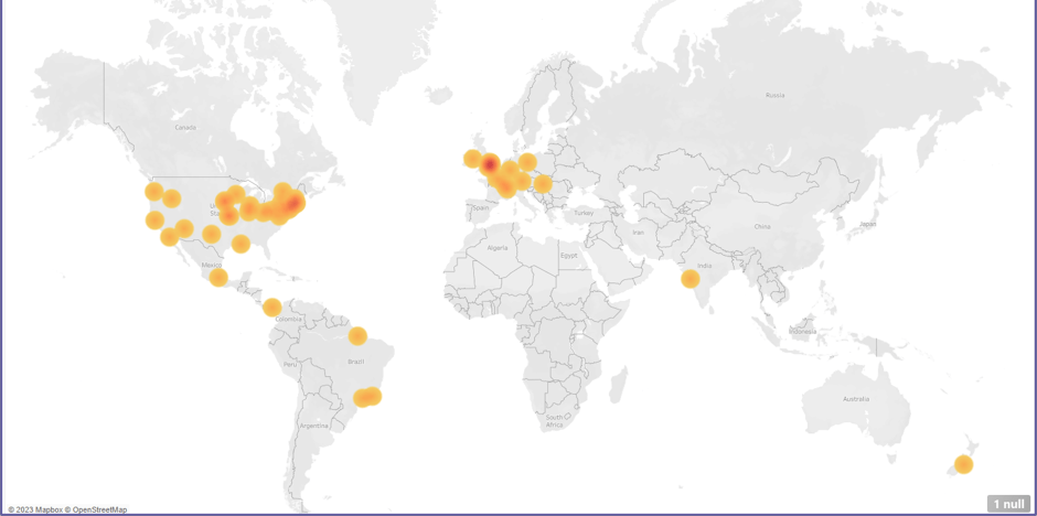 Custom density map showing the geographical concentration of materials in BHL that include the scientific name Harpia harpyja. 